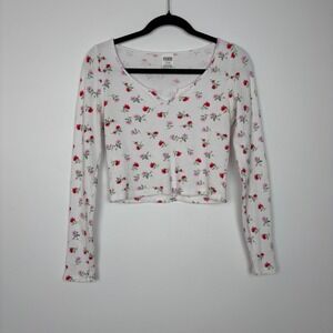 PINK Victorias Secret Womens‎ Waffle Knit Thermal Crop Top Size M White Floral